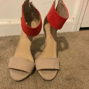 Coral and taupe ankle strap heels